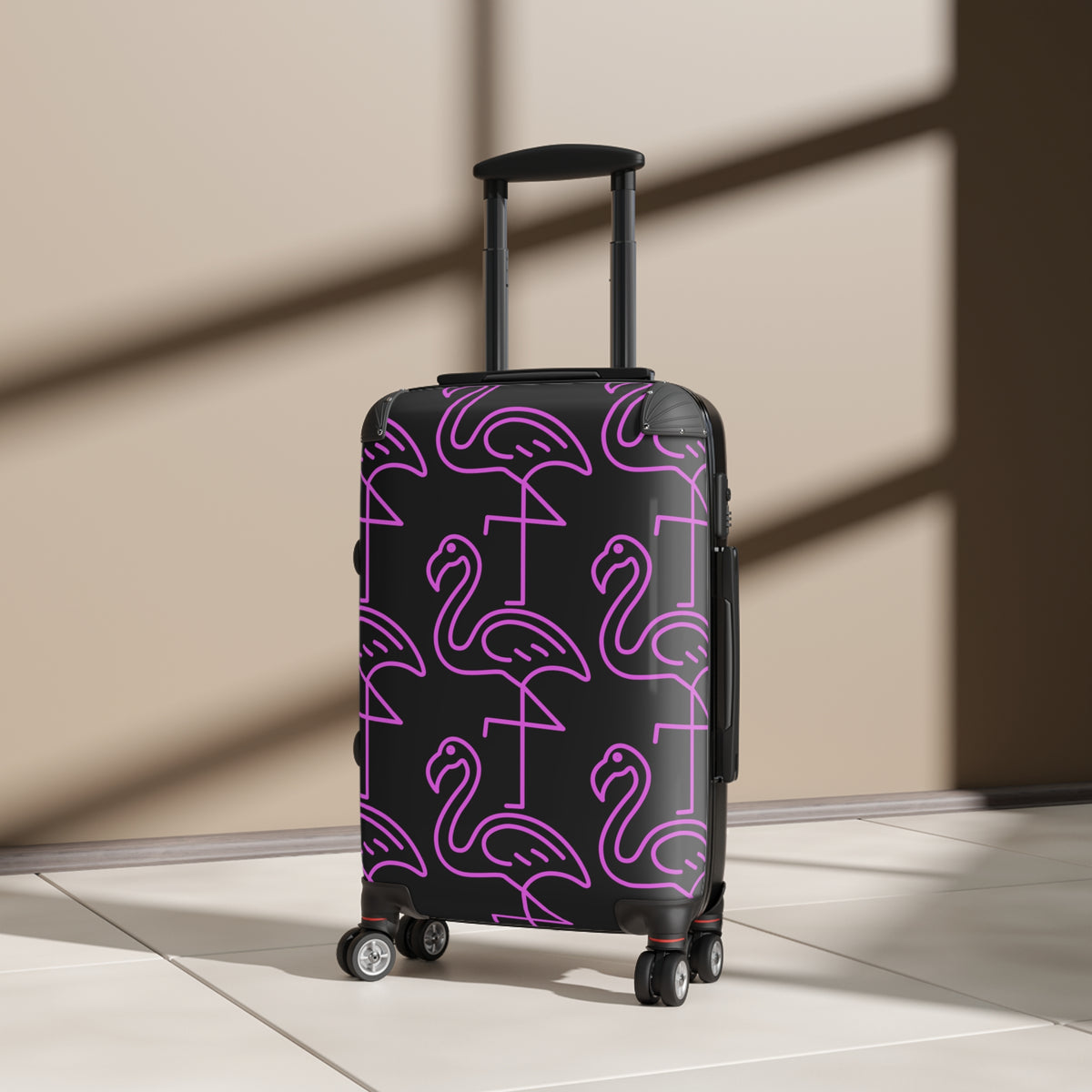 Neon Pink Flamingo Carry-On Suitcase — Retro Tropical Travel Luggage