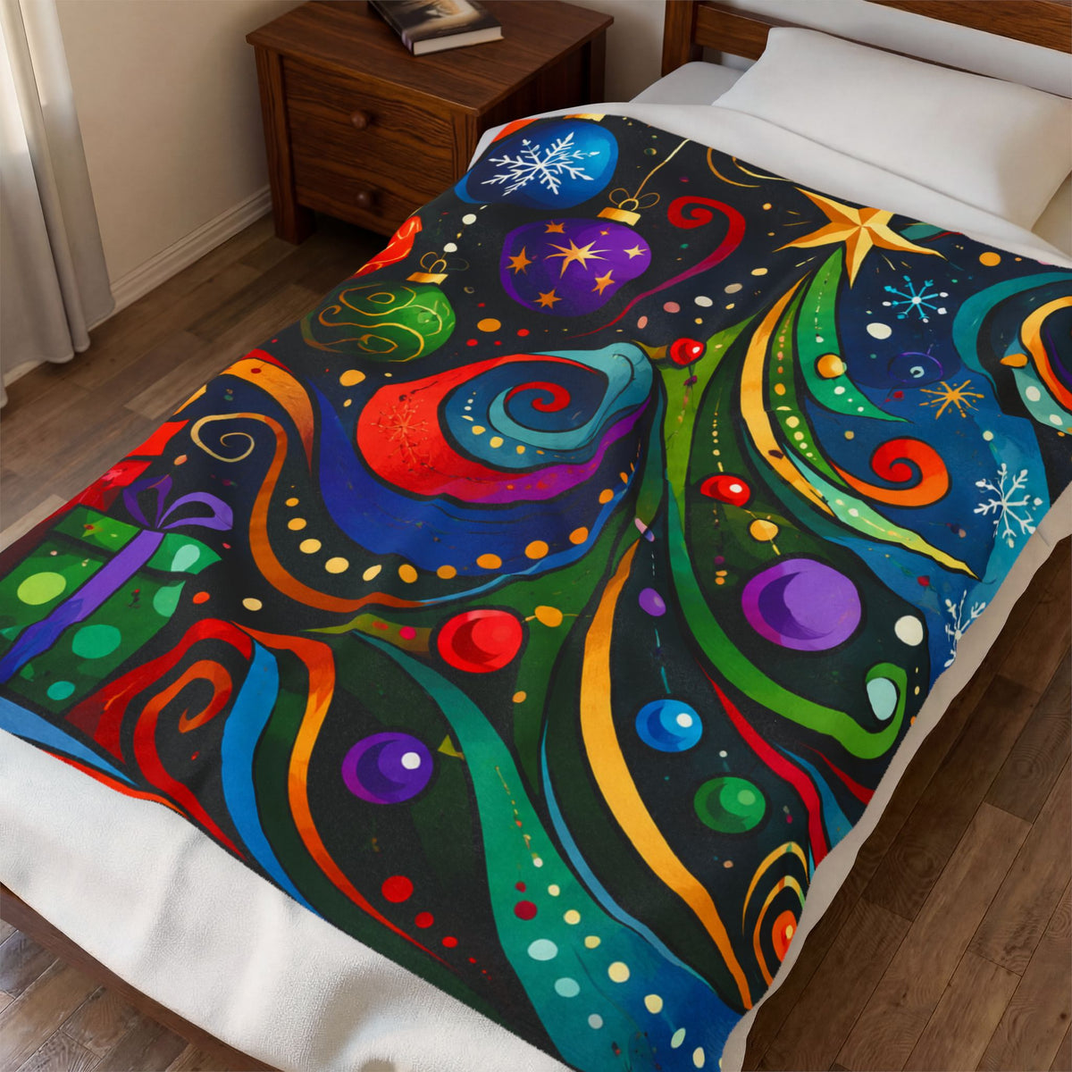 Colorful Swirl Christmas Tree Velveteen Plush Blanket | Holiday Ornaments