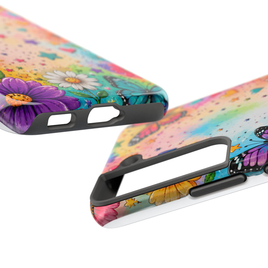 Colorful Butterflies and Flowers Tough Phone Case | Rainbow Hearts Stars