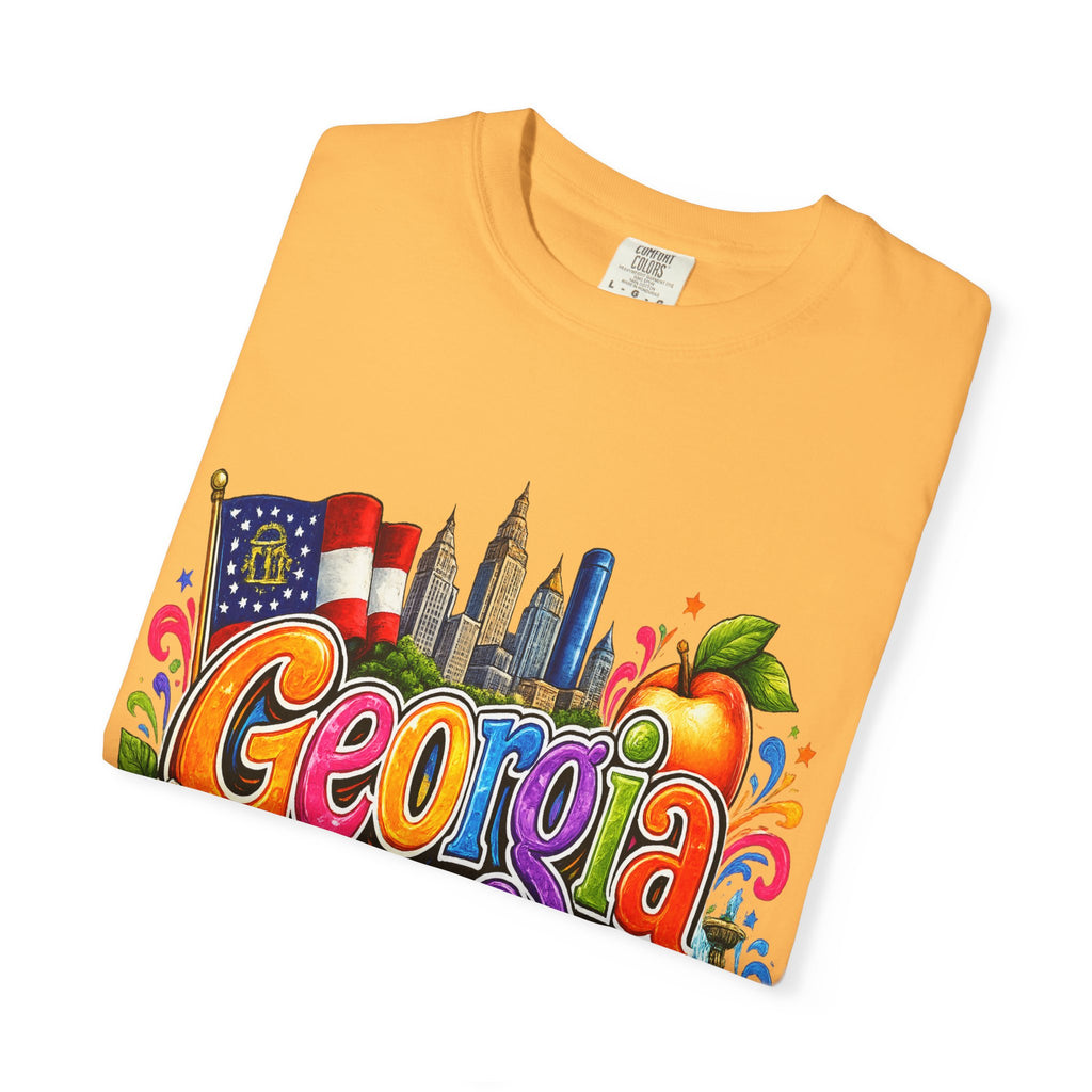 Georgia state illustration T-shirt | Atlanta skyline, peach, magnolia