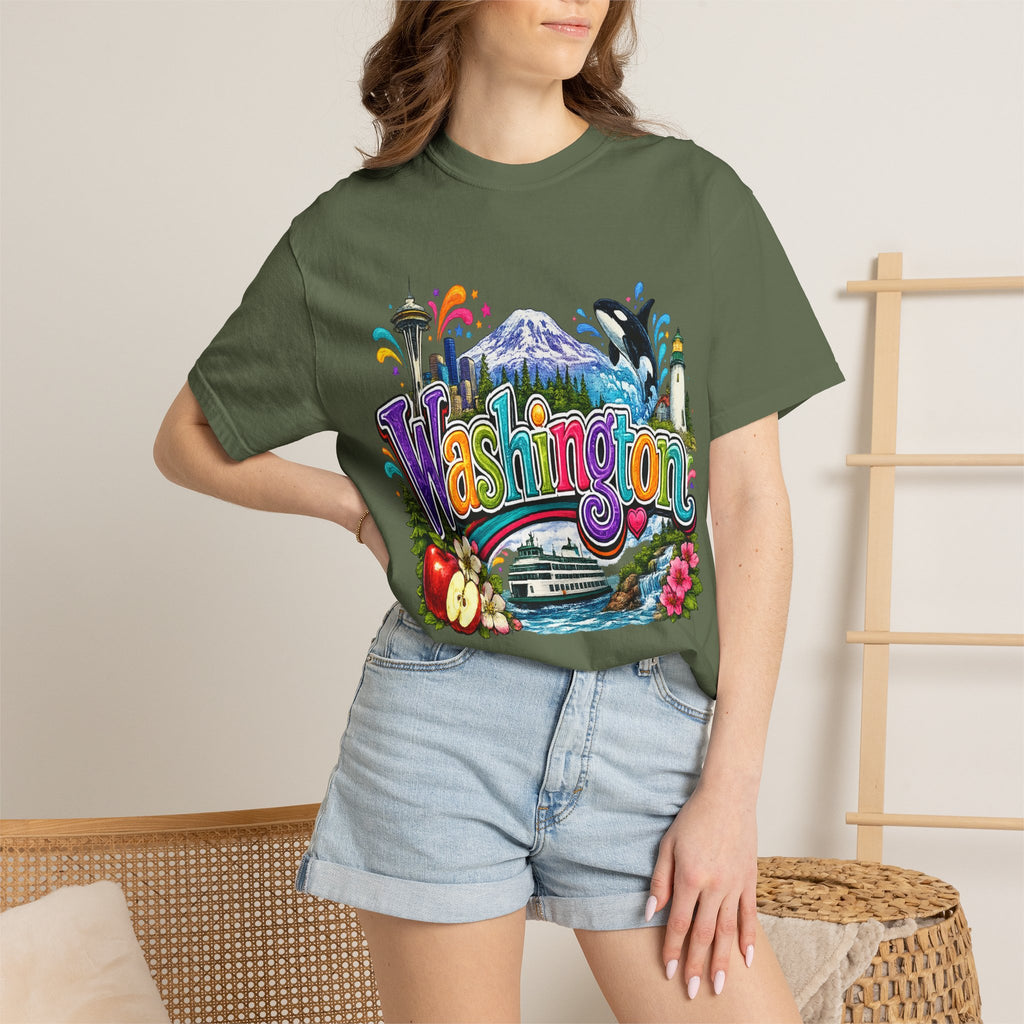 Washington State Scene T-shirt | Seattle Skyline, Orca, Apples