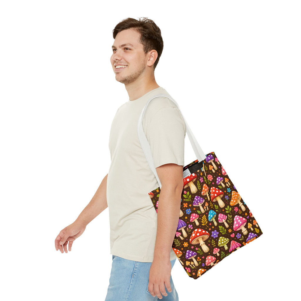 Mushroom Pattern Tote Bag — Colorful Woodland Mushroom All-Over Print Tote