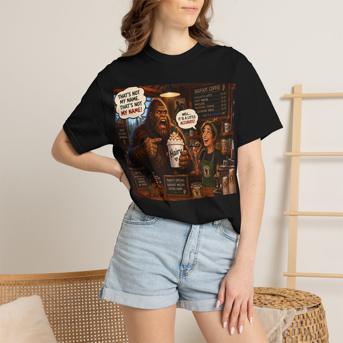 Coffee Shop Comic T-Shirt — Funny Barista Cafe Cartoon Tee ("That’s Not My Name")