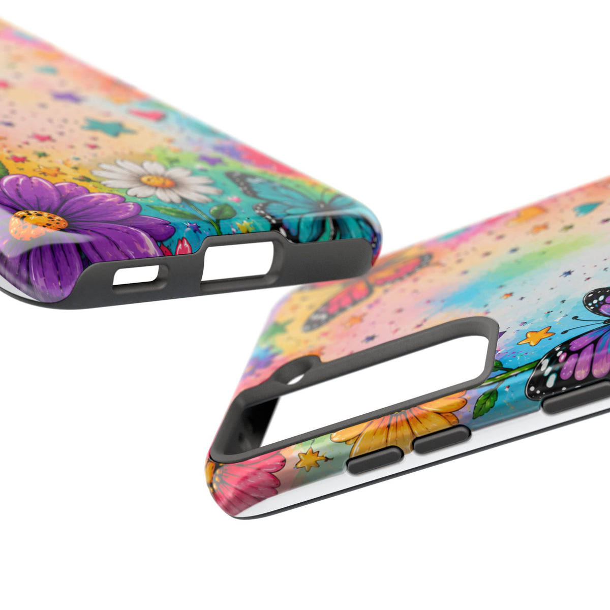 Colorful Butterflies and Flowers Tough Phone Case | Rainbow Hearts Stars
