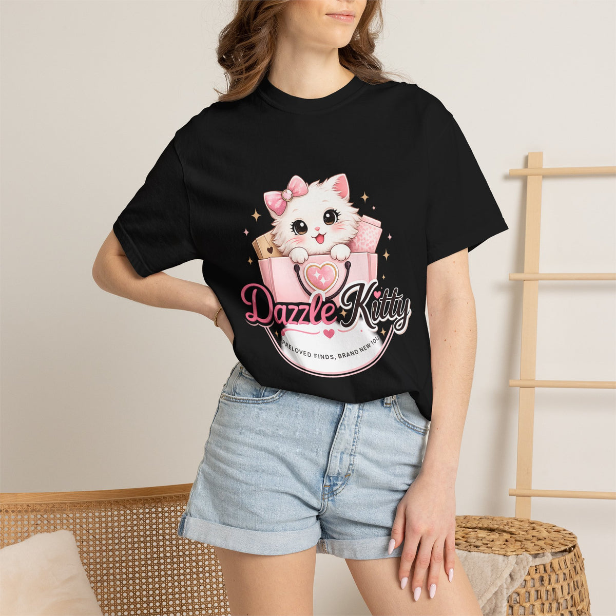 Dazzle Kitty Cute Kitten Illustration T-shirt | Pink Bow Cat Tee