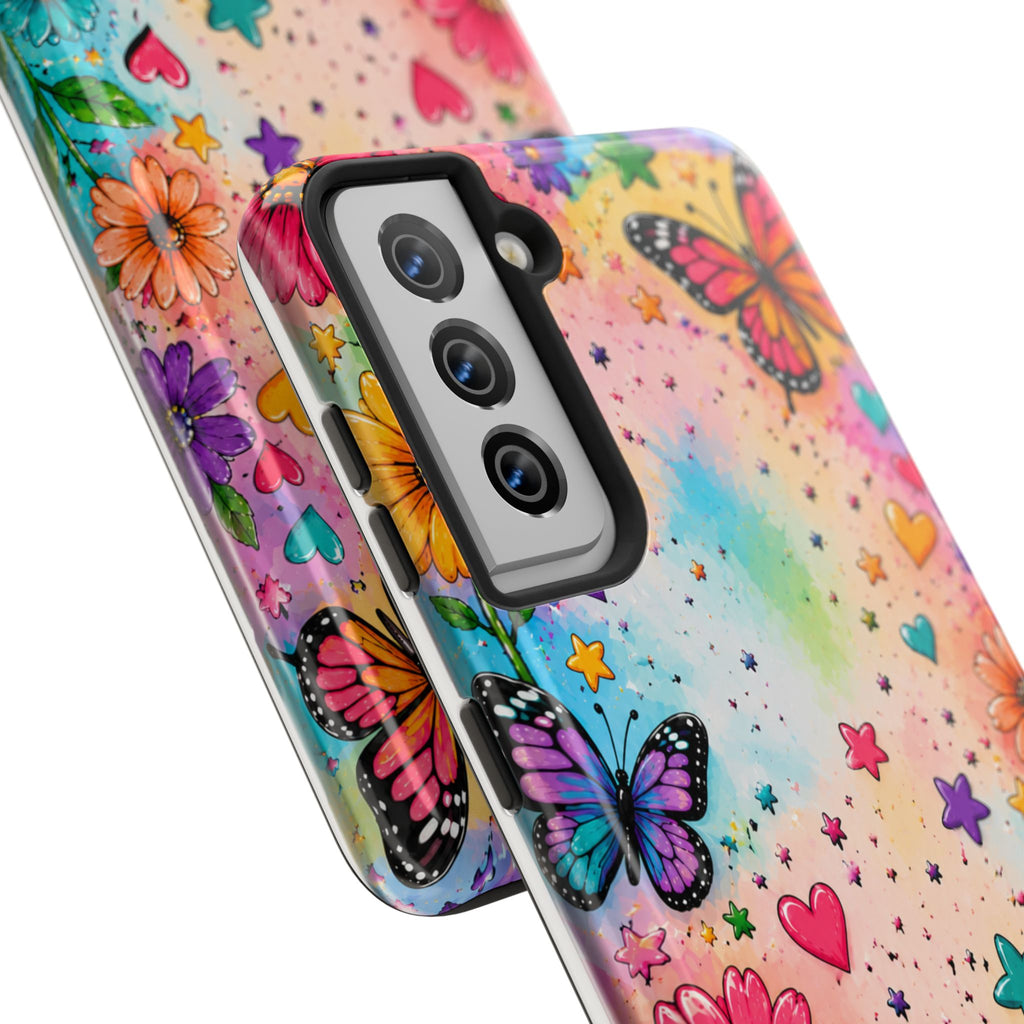 Colorful Butterflies and Flowers Tough Phone Case | Rainbow Hearts Stars