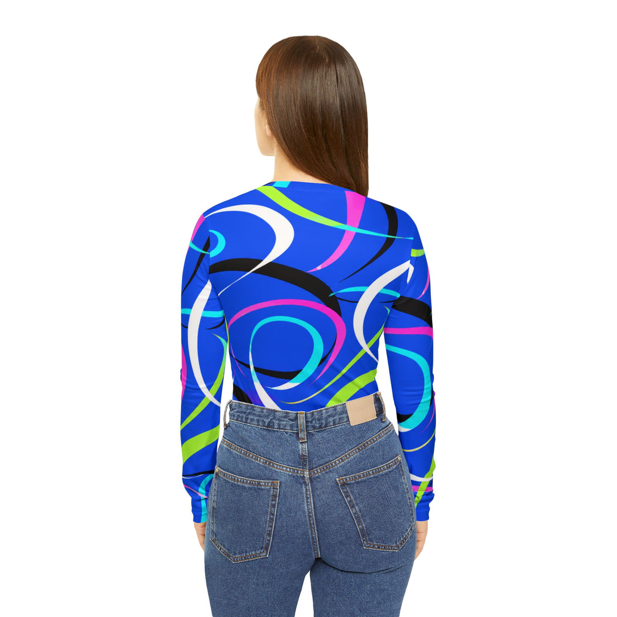 Women's V-Neck Long Sleeve Shirt – Retro Neon Swirl All-Over Print