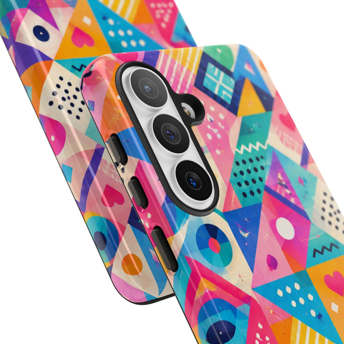 Colorful Geometric Tough Phone Case — Bright Abstract Heart & Triangle Pattern