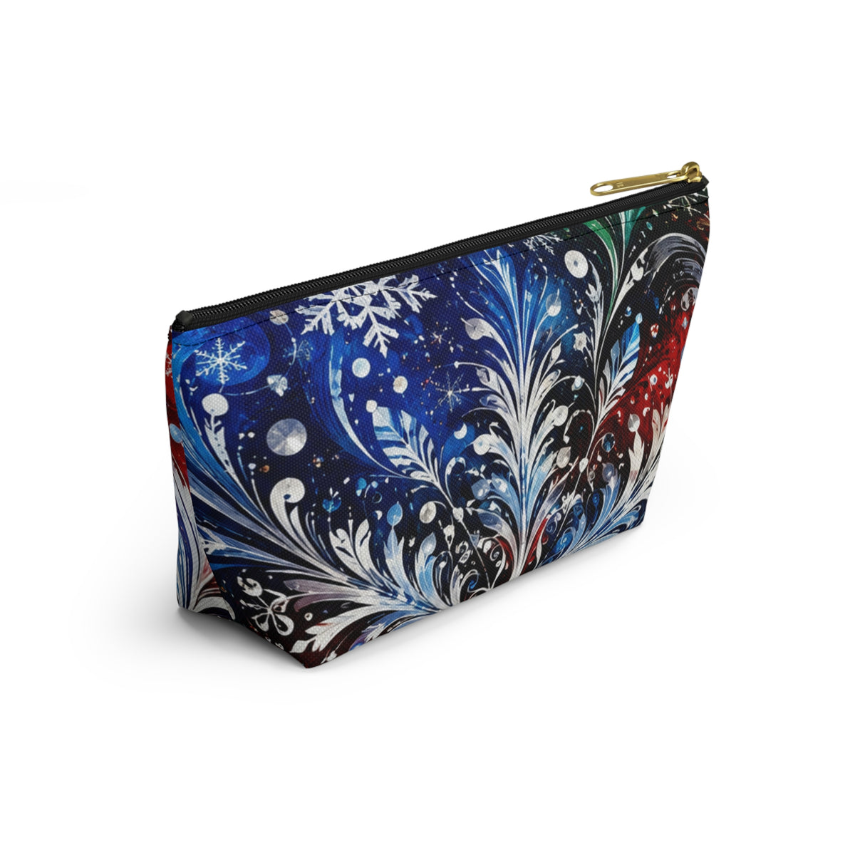 Winter Floral Accessory Pouch — Snowflake Cosmetic Bag with T-Bottom