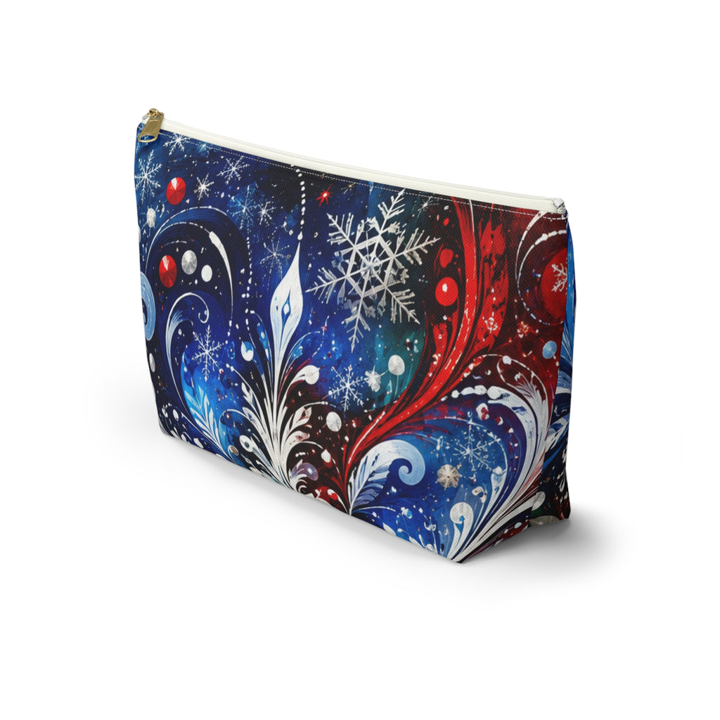 Winter Floral Accessory Pouch — Snowflake Cosmetic Bag with T-Bottom