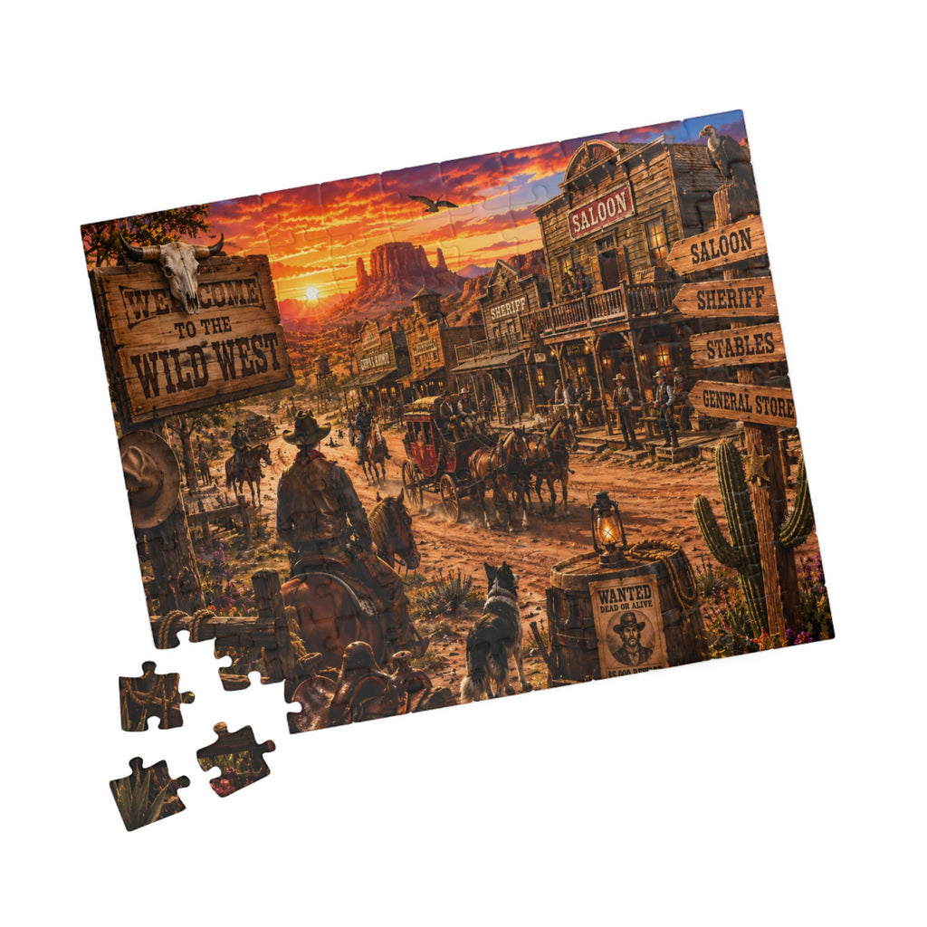 Wild West Saloon Jigsaw Puzzle — Vintage Cowboy Town Sunset (110/252/520/1014 pcs)