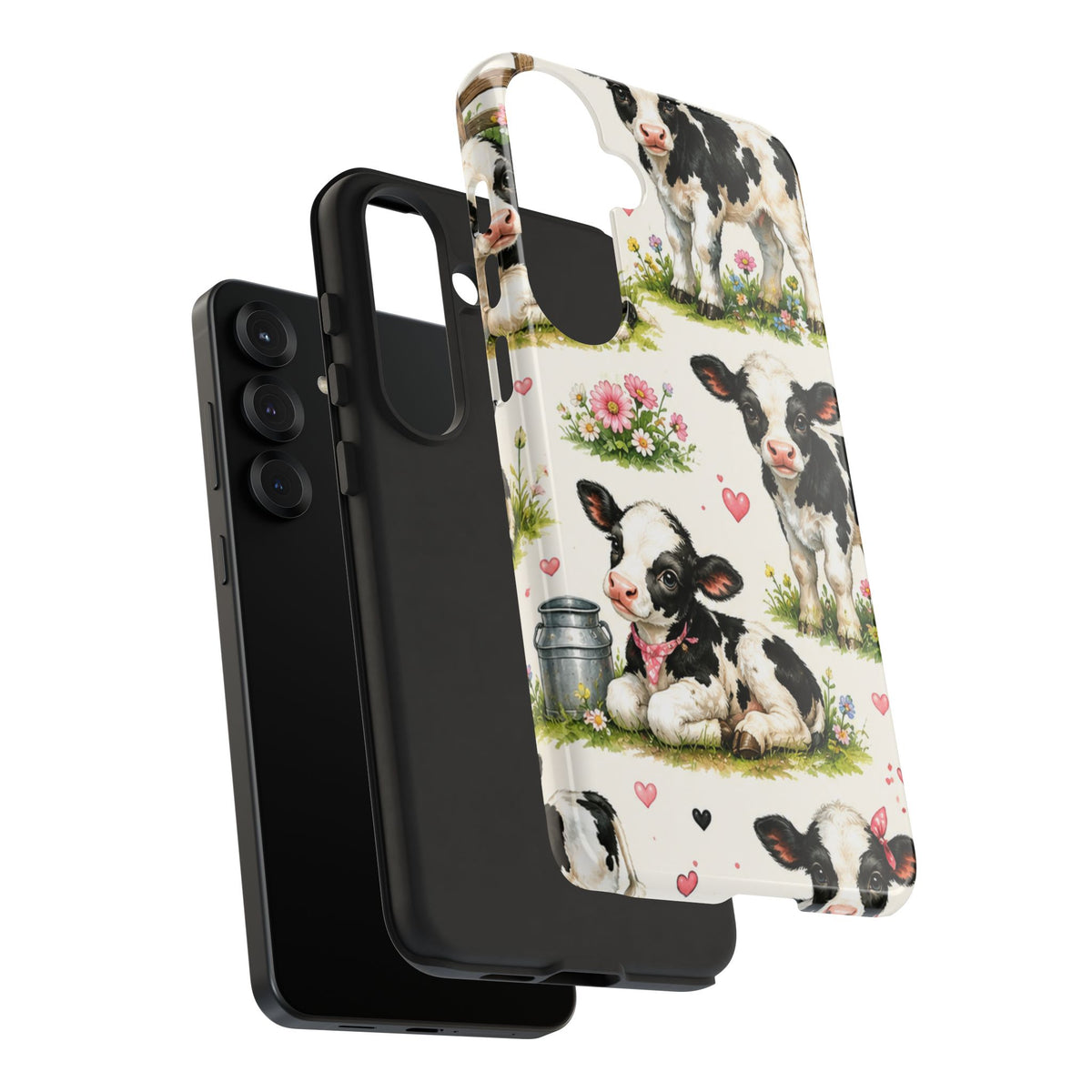 Cute Calf Pattern Phone Case – Pastel Cow Hearts & Flowers Protective Cover