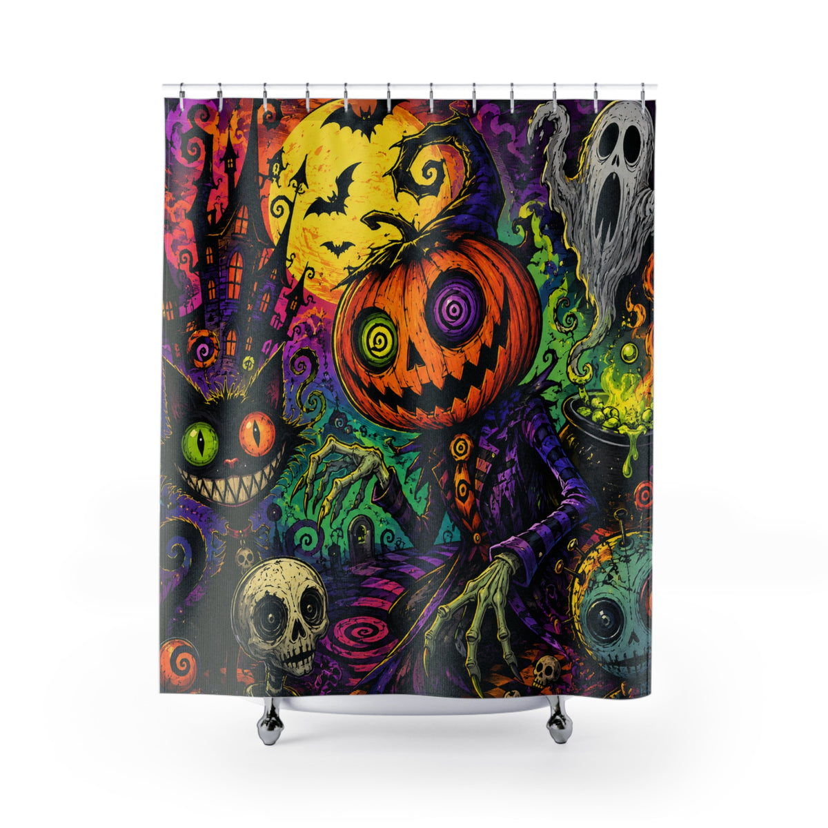 Halloween Pumpkin Scarecrow Shower Curtain - Spooky Neon Haunted Bath Decor