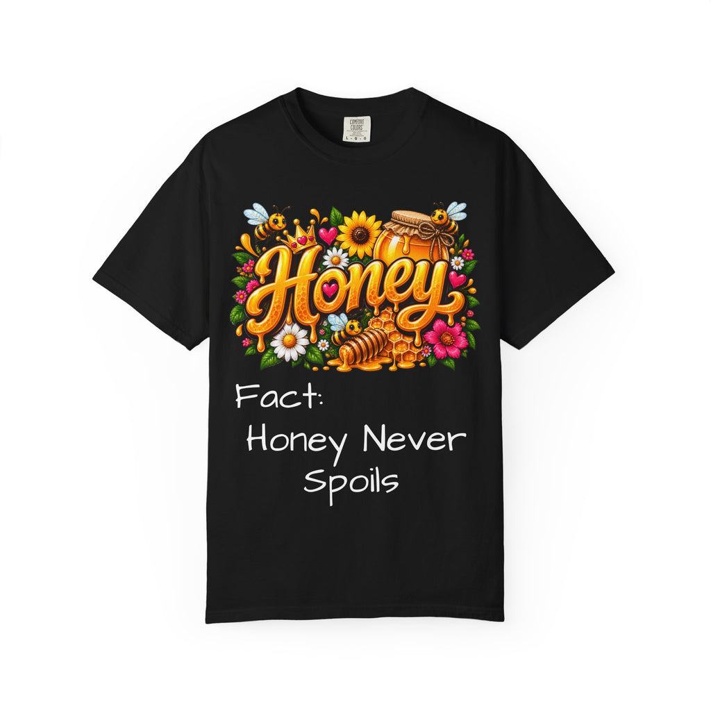 Honey Graphic Black T-Shirt — “Honey Never Spoils” Vintage Floral Bee Tee