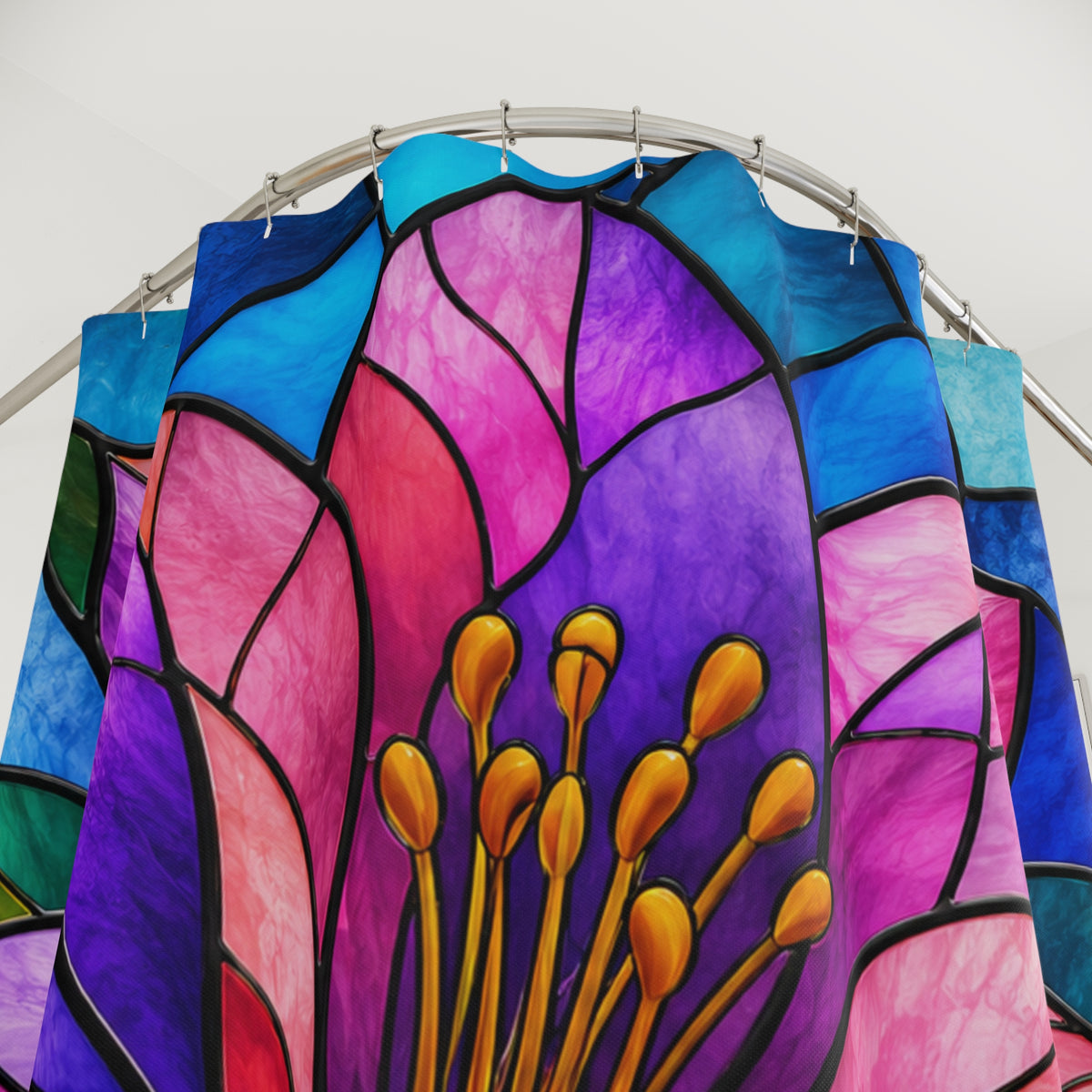 Stained Glass Floral Shower Curtain – Vibrant Purple & Blue Lily Bathroom Decor