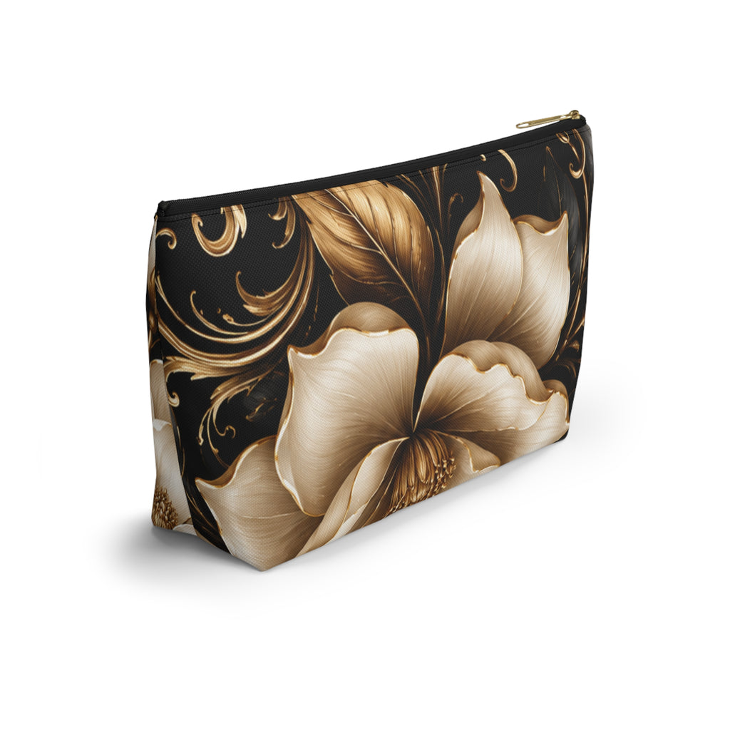 Floral Tapestry Accessory Pouch — Gold & Black Magnolia Makeup Bag