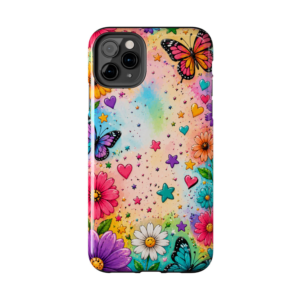 Colorful Butterflies and Flowers Tough Phone Case | Rainbow Hearts Stars