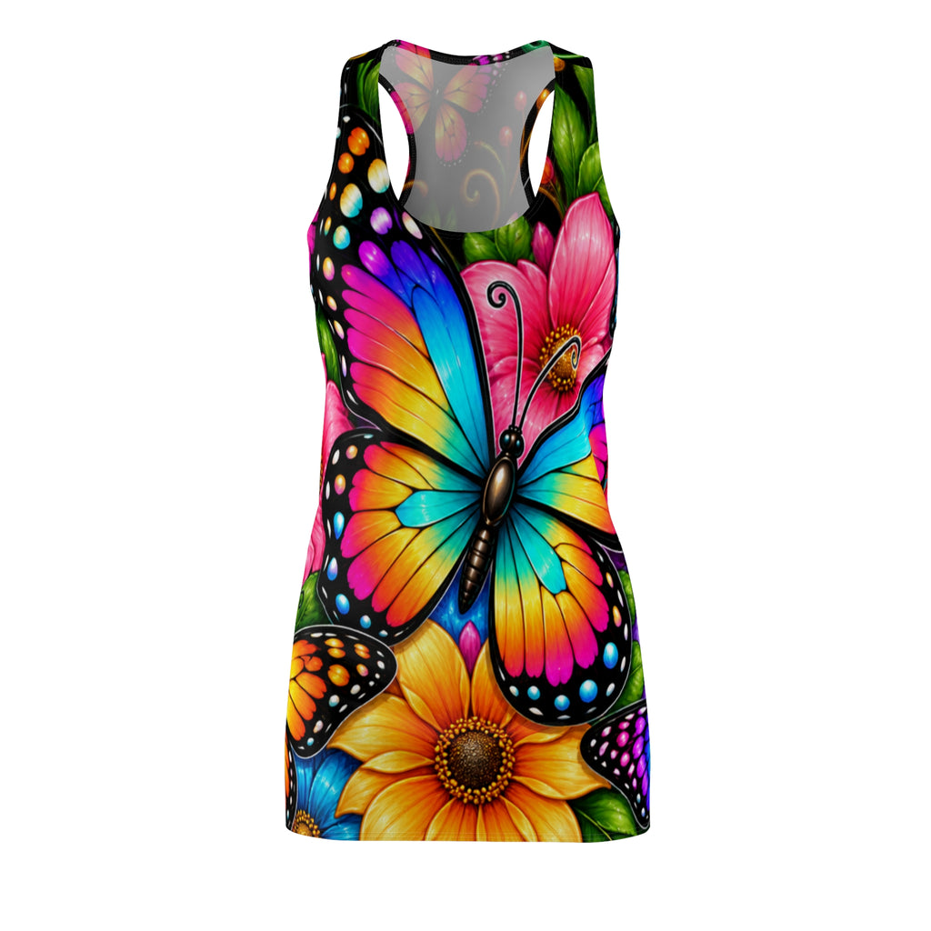 Colorful Butterfly & Sunflower Racerback Dress | Vibrant Floral Butterfly Print