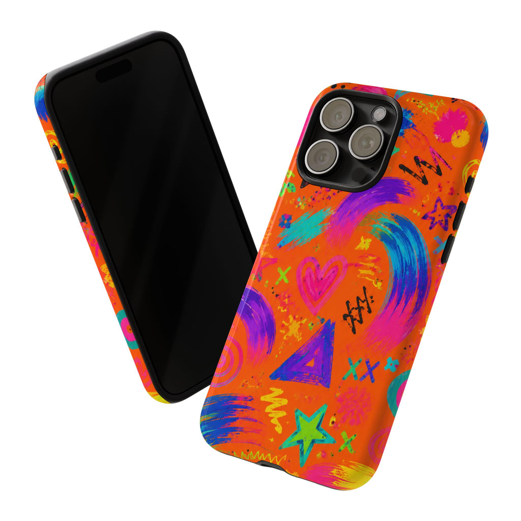 Colorful Neon Doodle Phone Case — Bright Abstract Stars & Hearts Tough Case
