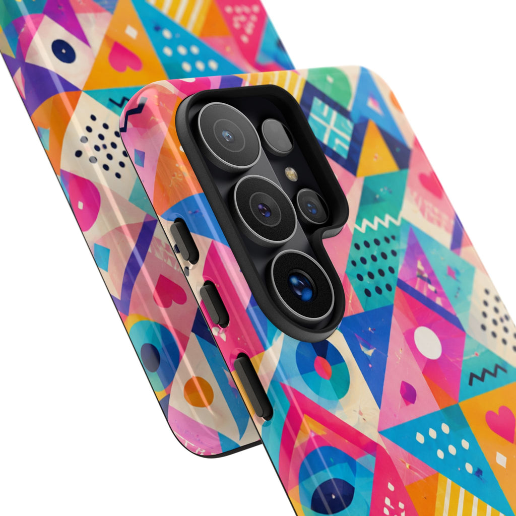Colorful Geometric Tough Phone Case — Bright Abstract Heart & Triangle Pattern
