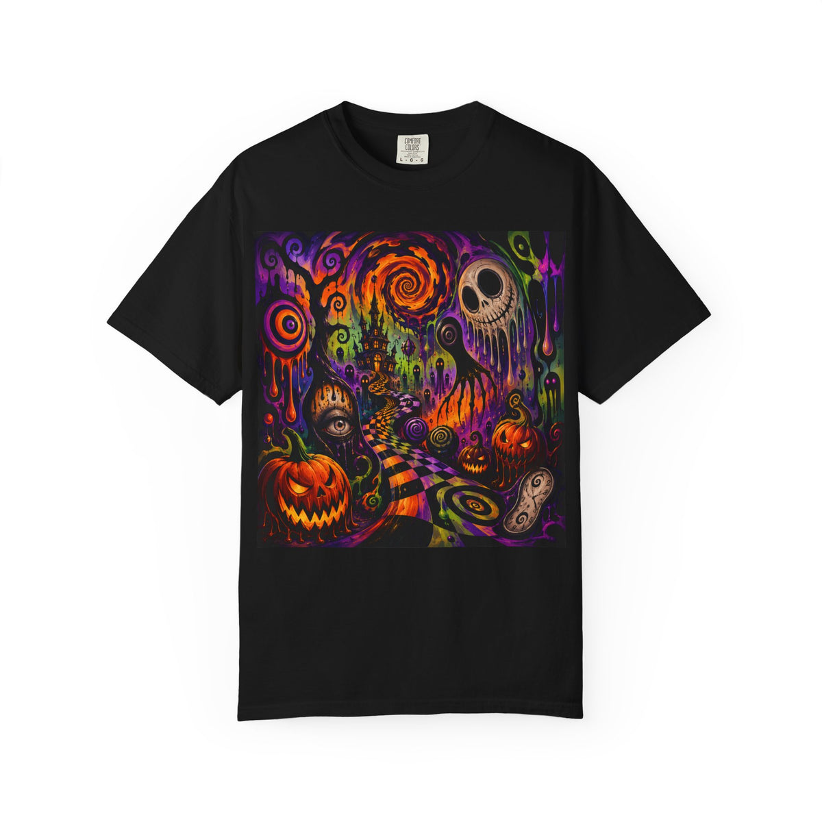 Halloween Psychedelic Tee — Neon Pumpkin & Skull Graphic T-Shirt