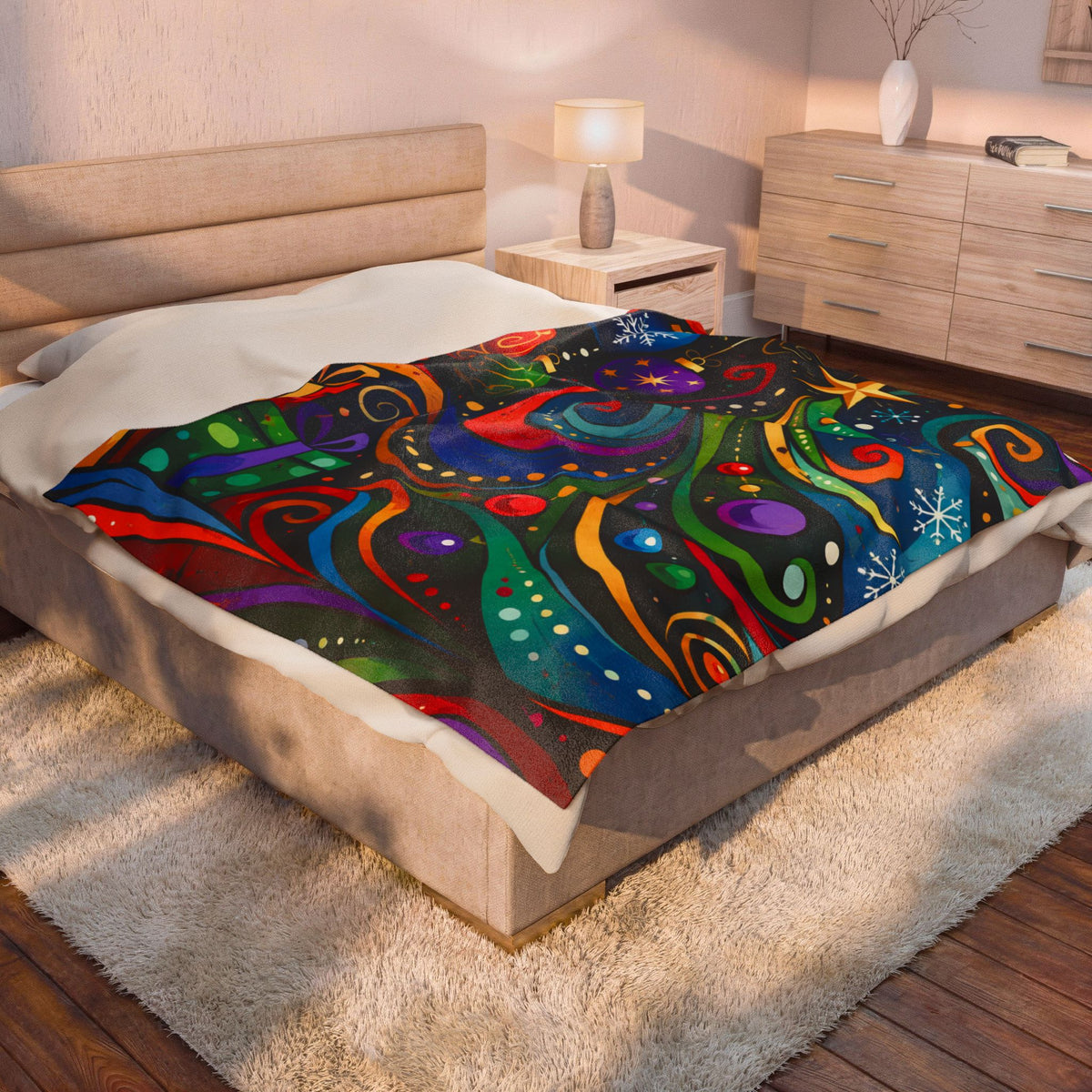 Colorful Swirl Christmas Tree Velveteen Plush Blanket | Holiday Ornaments