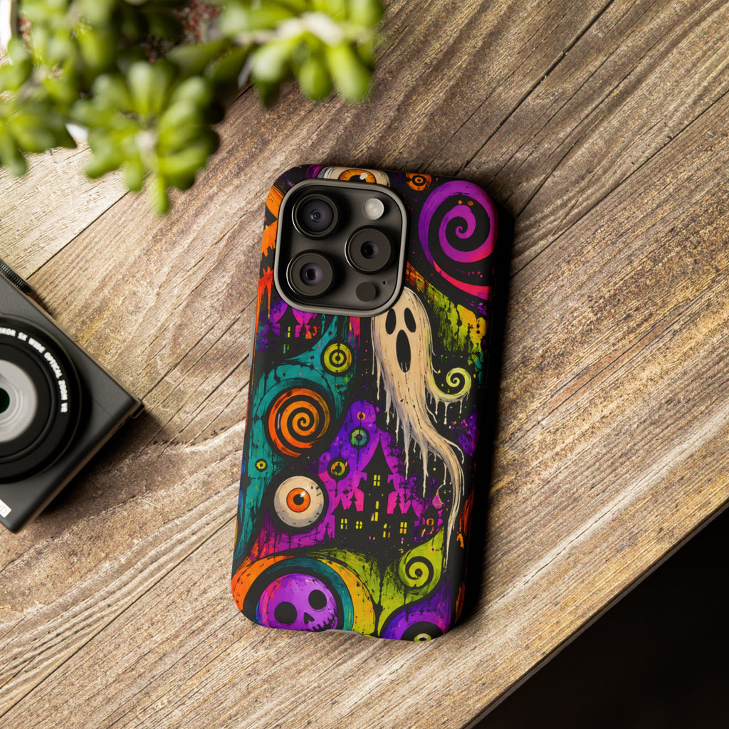 Halloween Ghost Phone Case — Colorful Spooky Skull & Haunted House Tough Case