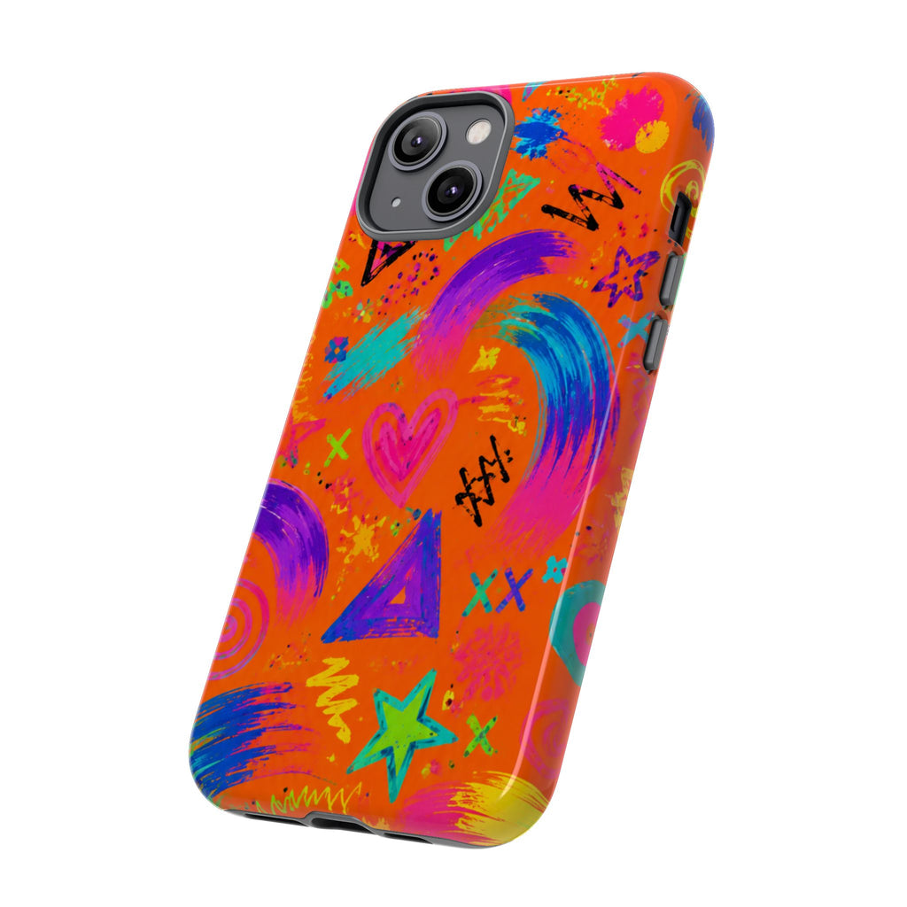 Colorful Neon Doodle Phone Case — Bright Abstract Stars & Hearts Tough Case