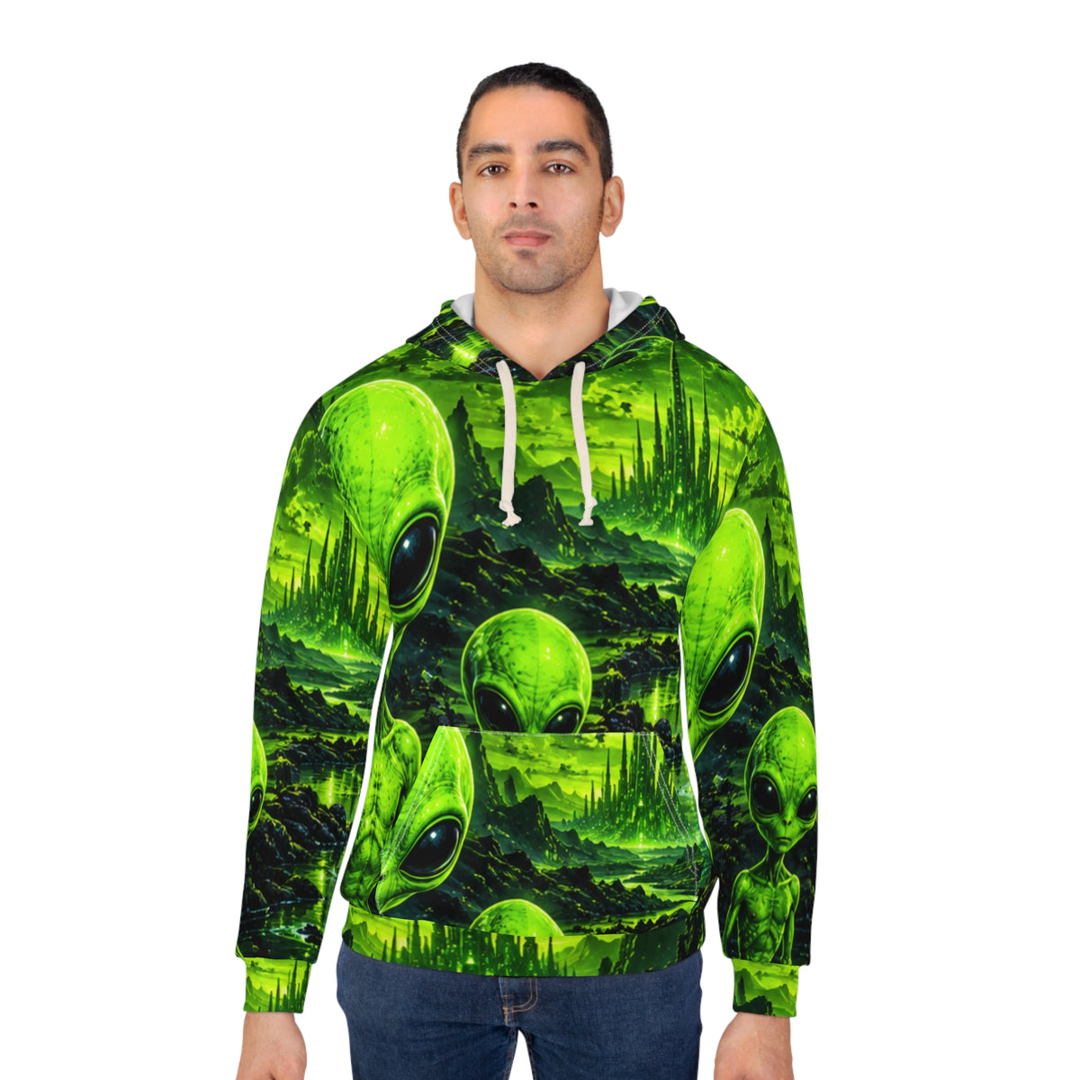 Alien Landscape Hoodie — Neon Green Extraterrestrial All-Over Print