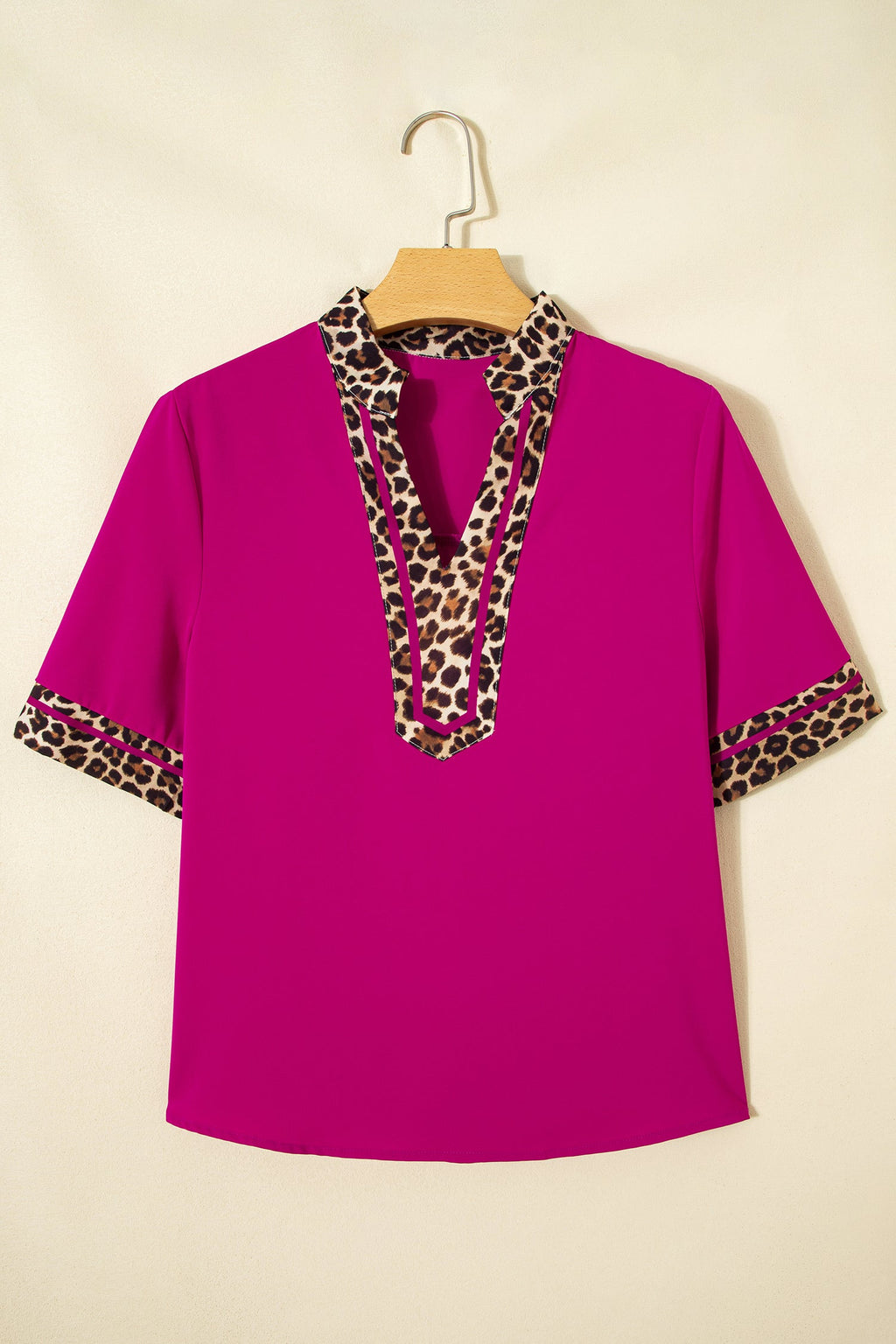 Leopard Patchwork Split Neck Short Sleeve Blouse