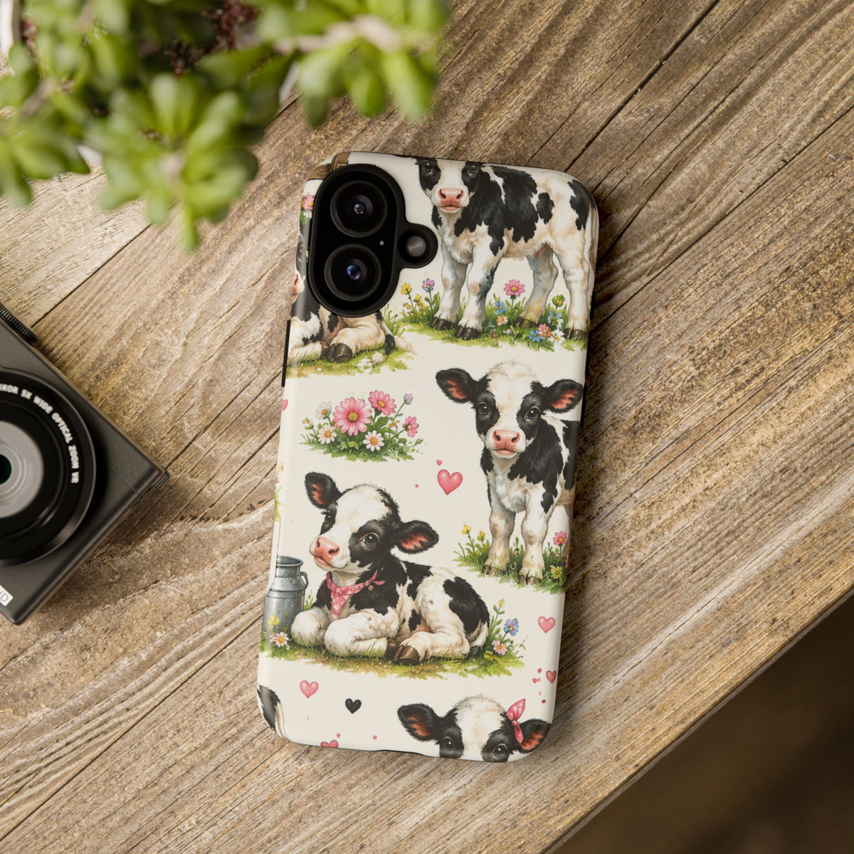 Cute Calf Pattern Phone Case – Pastel Cow Hearts & Flowers Protective Cover