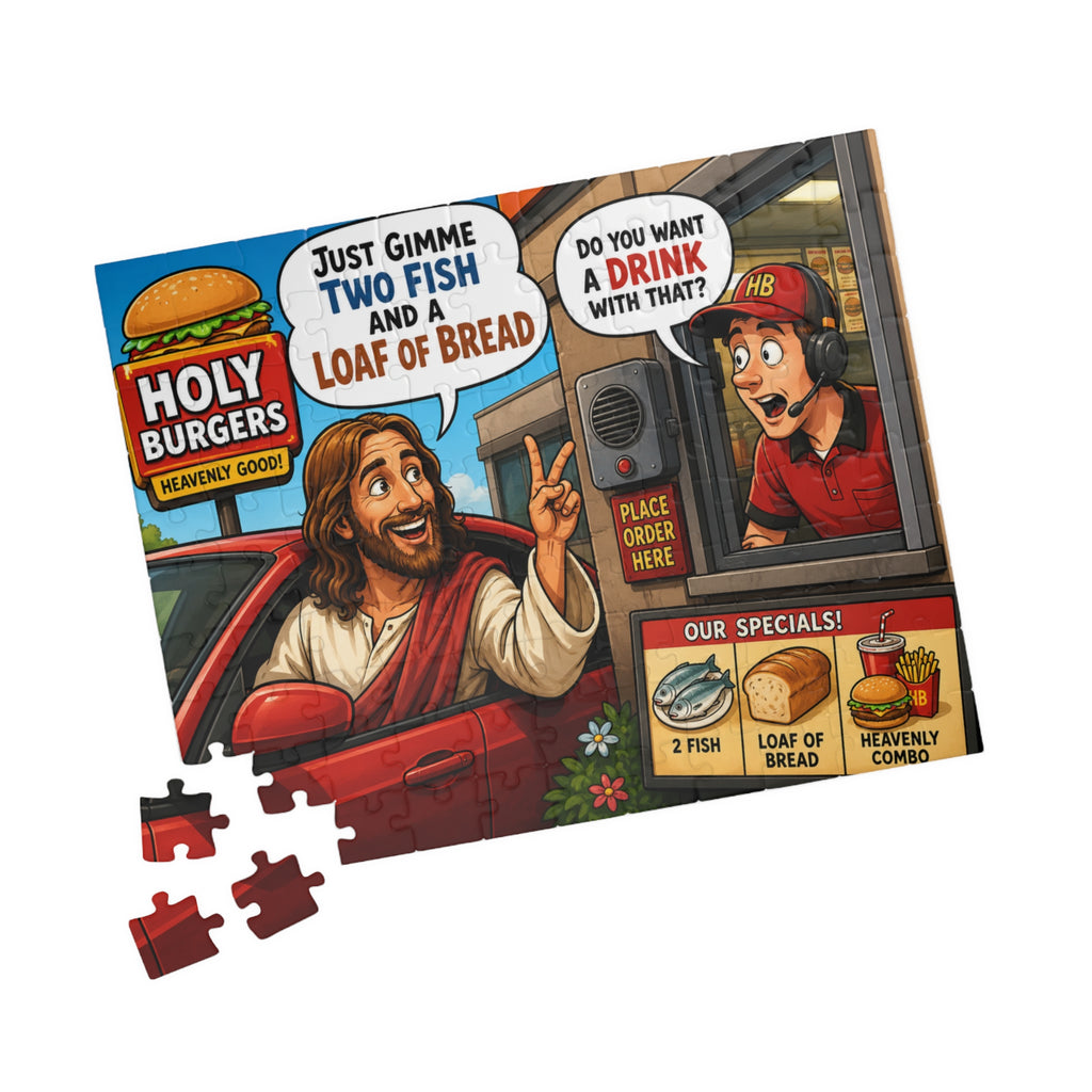 Jesus Drive-Thru Puzzle 520 Piece | Holy Burgers Illustration
