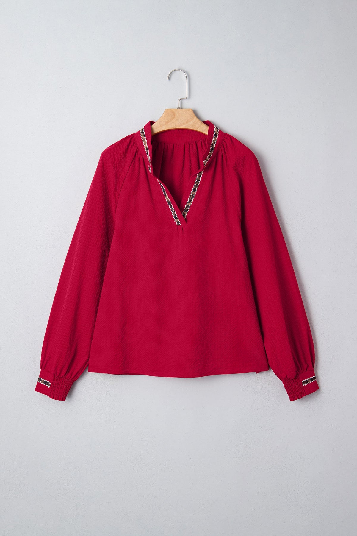 Leopard Contrast Trim V-Neck Long Sleeve Blouse