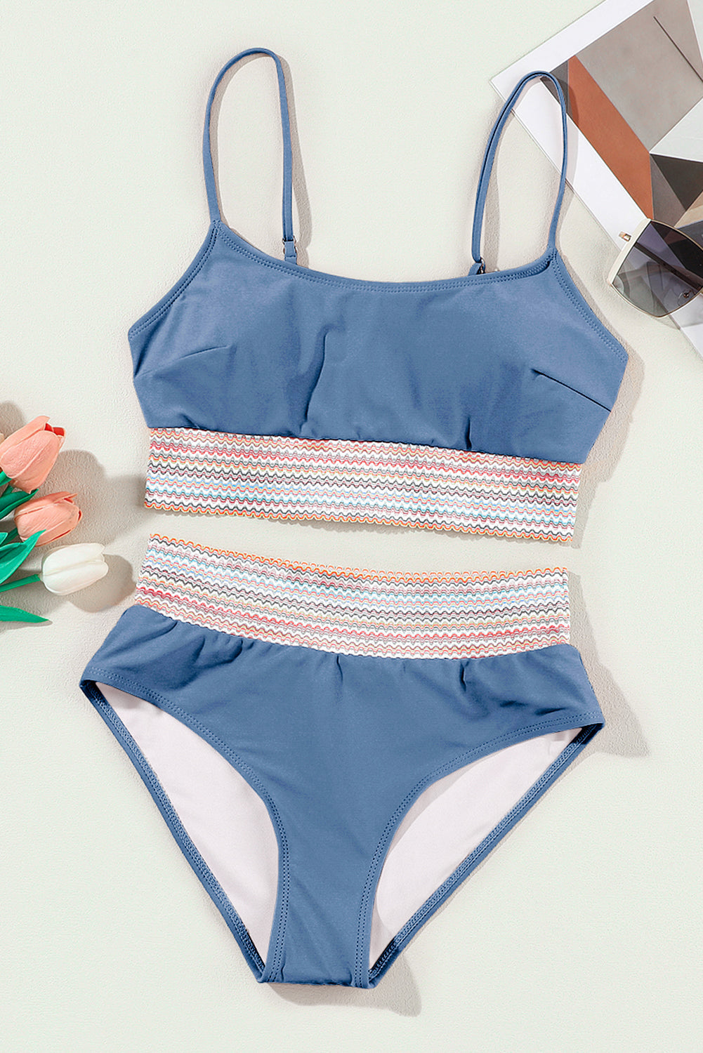 Stripe Border Top & High Waist Bikini Set