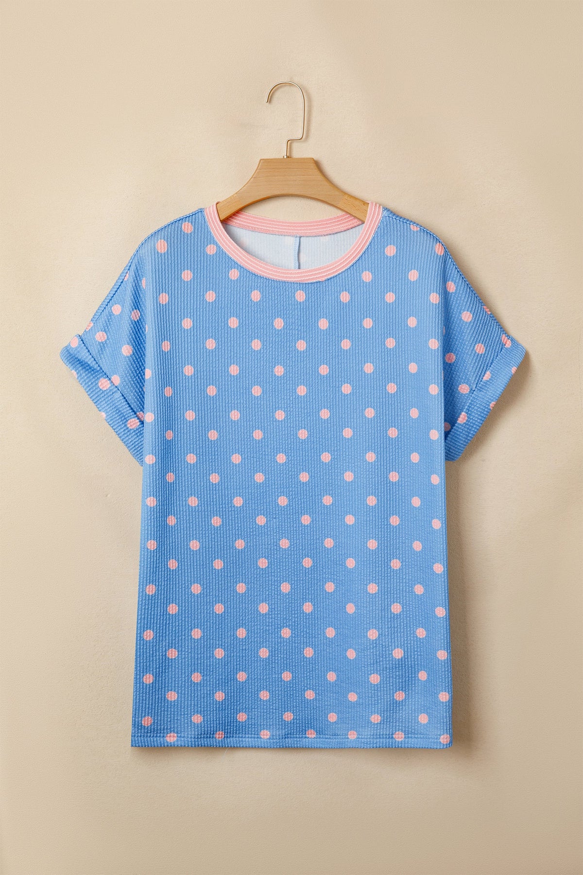 Polka Dot Raised Rib Cuffed Short Sleeve Top