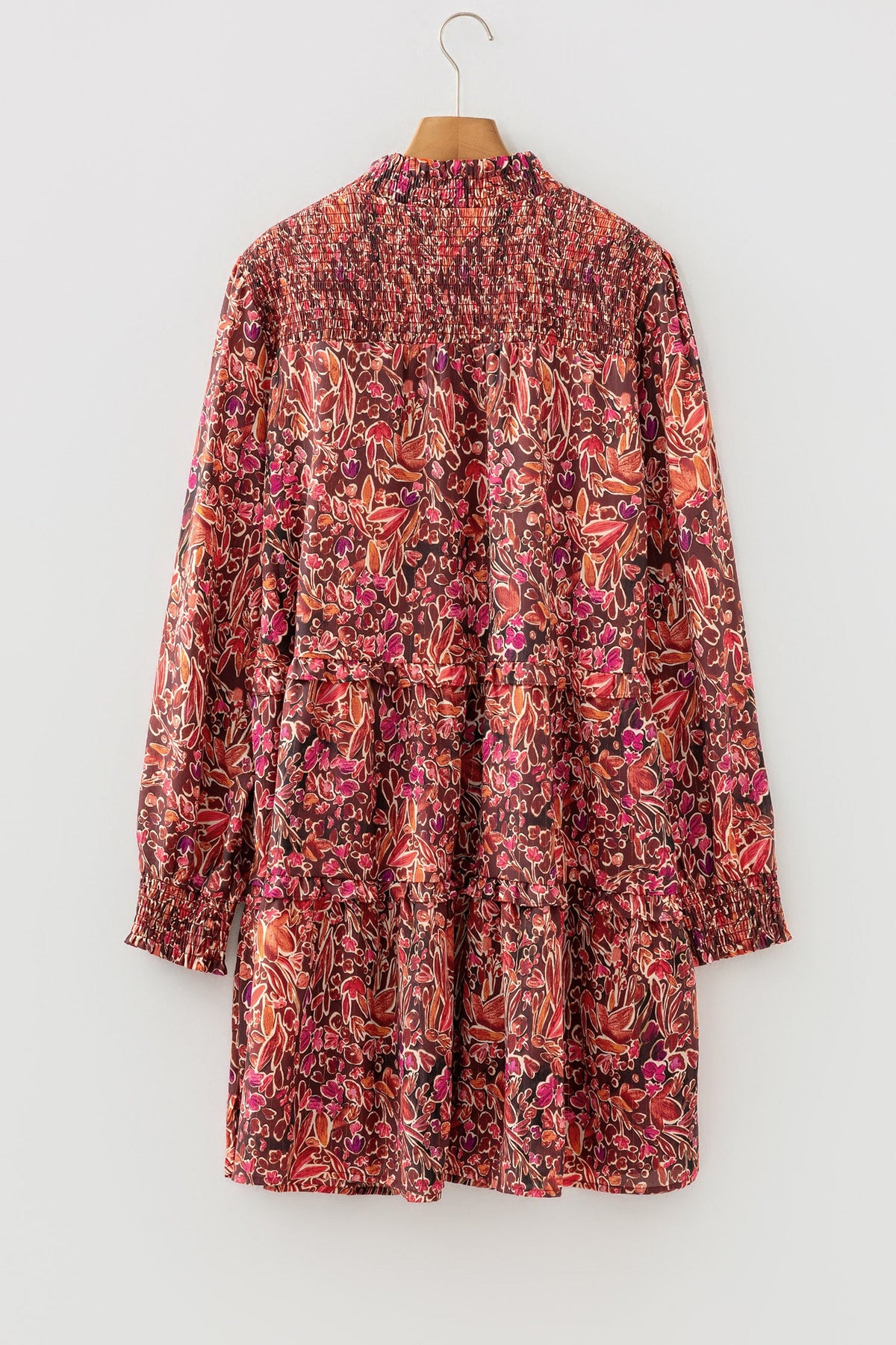 Floral Shirred Mock Neck Long Sleeve Mini Dress