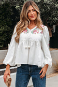 Floral Lace-Up V-Neck Babydoll Blouse