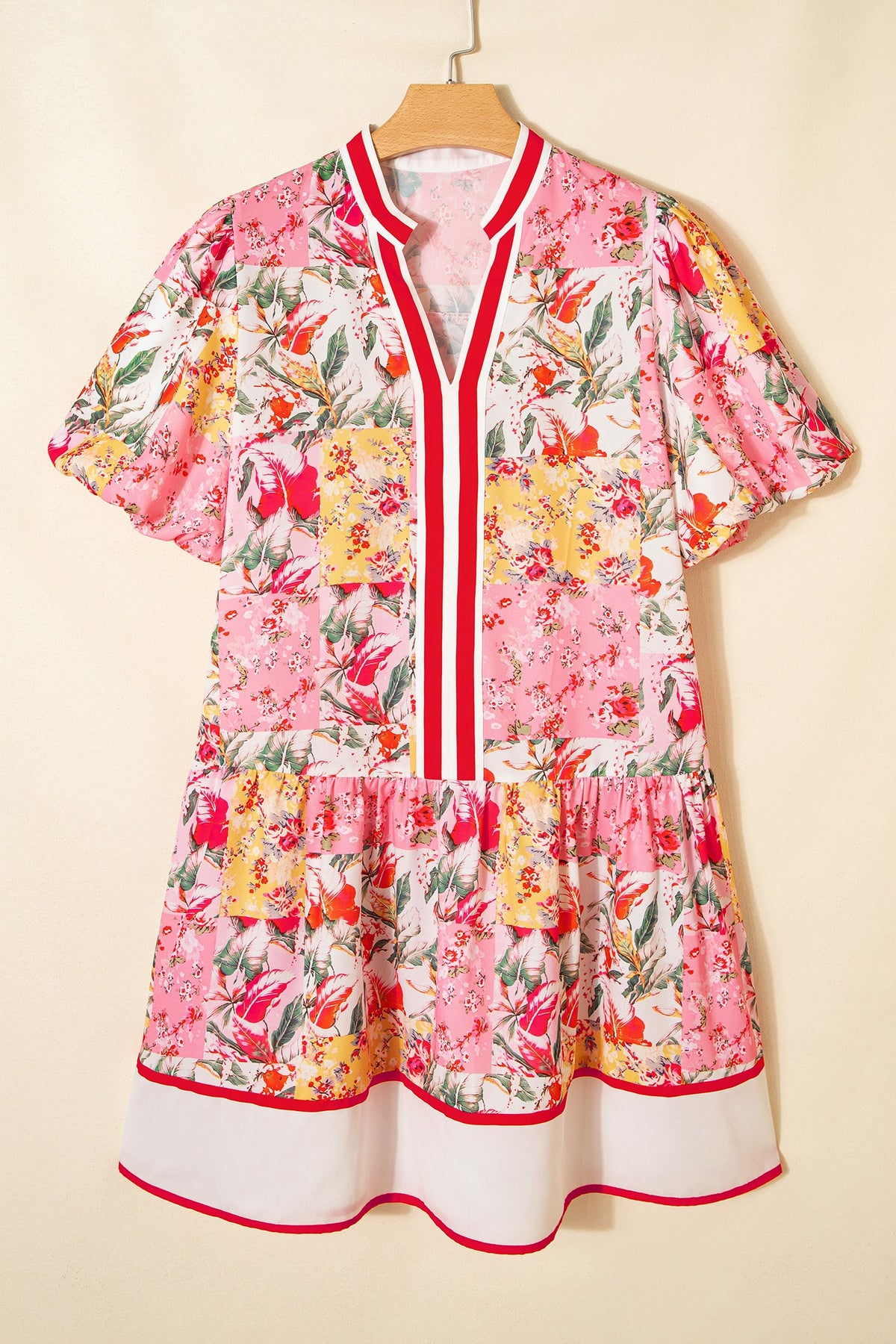 Floral Colorblock Trim V-Neck Ruffle Mini Dress