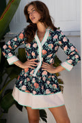 Floral Stripe Trim V-Neck Ruffle Hem Mini Dress