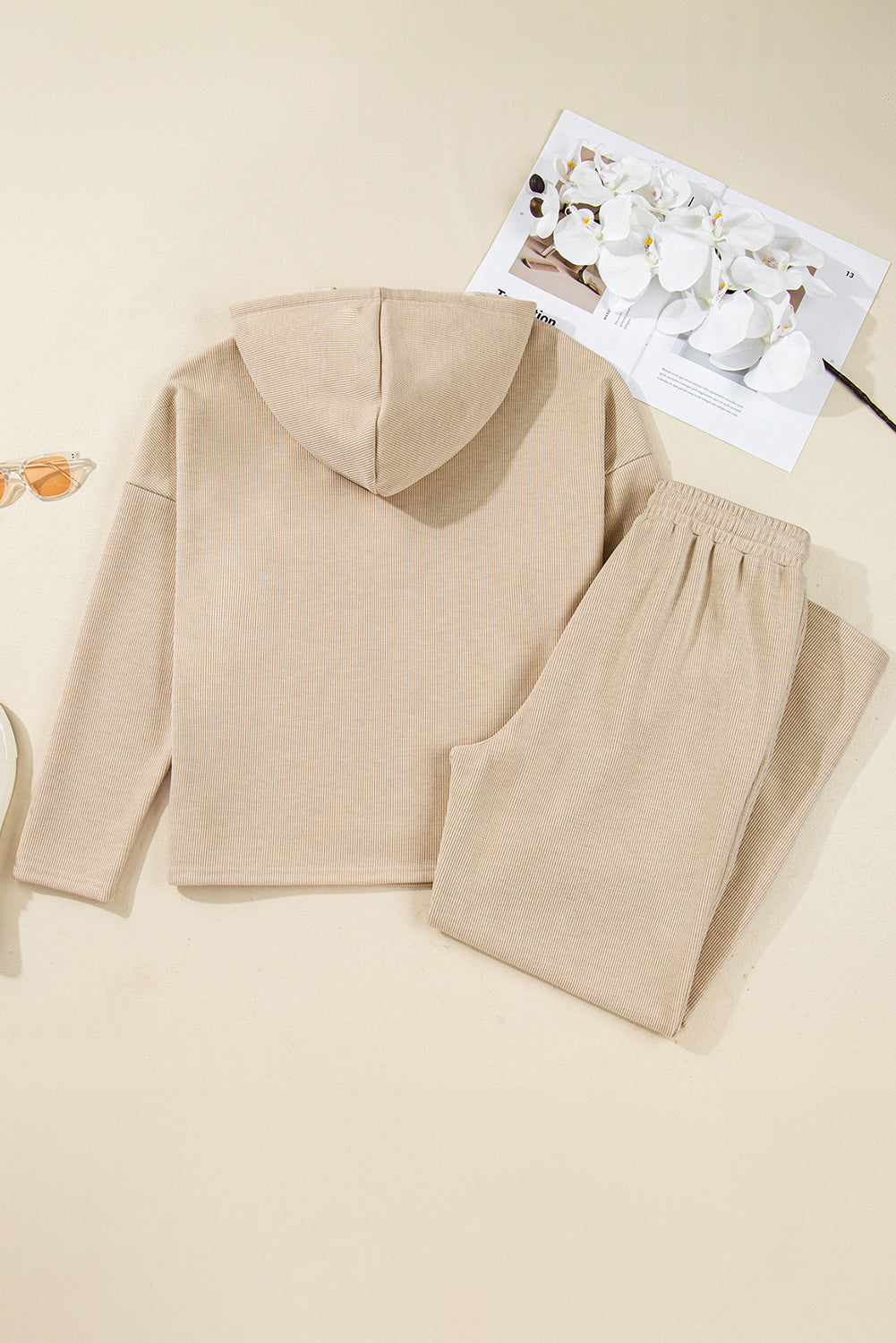 Solid Corduroy Contrast Drawstring Hoodie & Pants Set