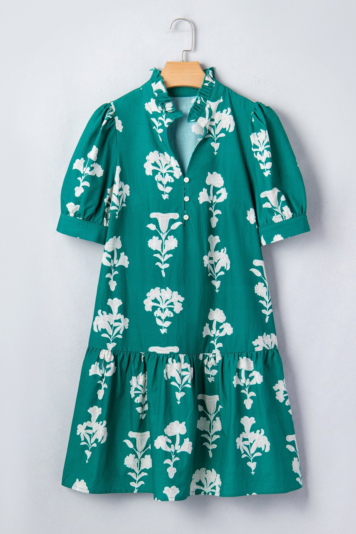 Floral Frilled V-Neck Puff Sleeve Mini Dress