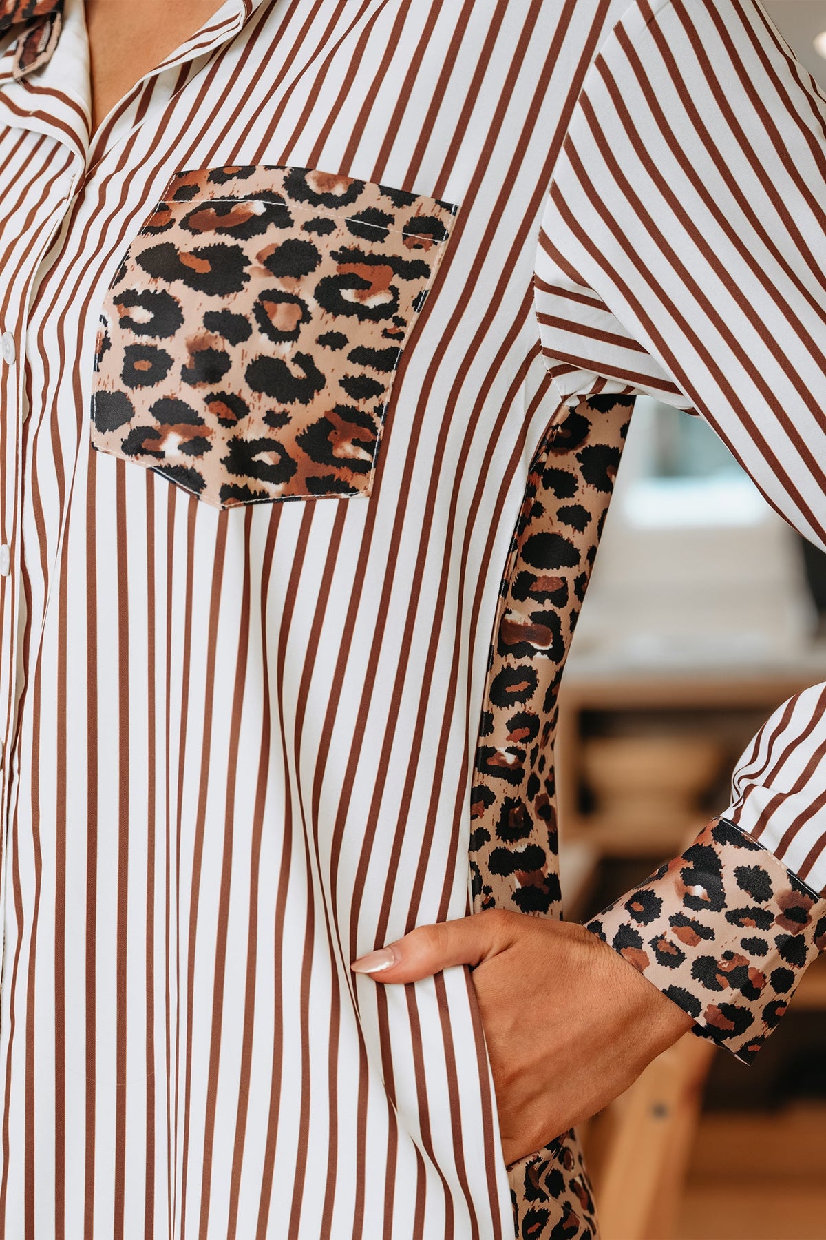 Leopard Patchwork Stripe Shirt Dress with Slits