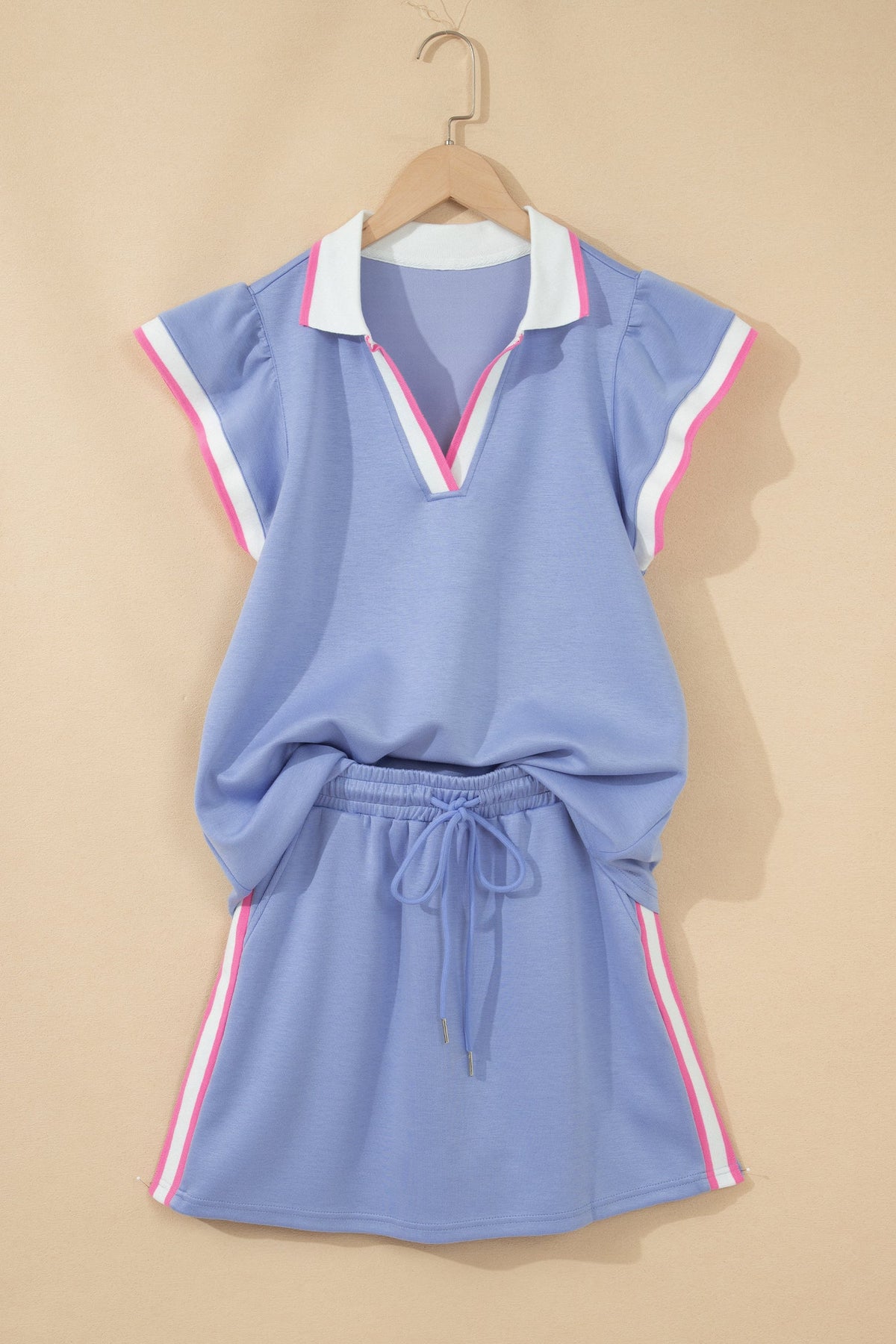 Stripe Trim Polo Tee & Drawstring Skirt Set