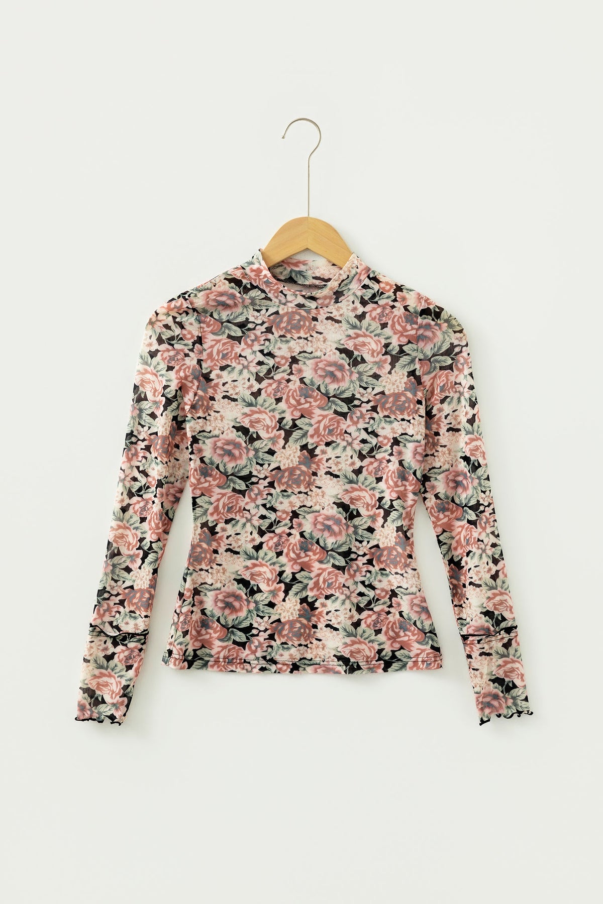 Floral Mesh Mock Neck Long Sleeve Top