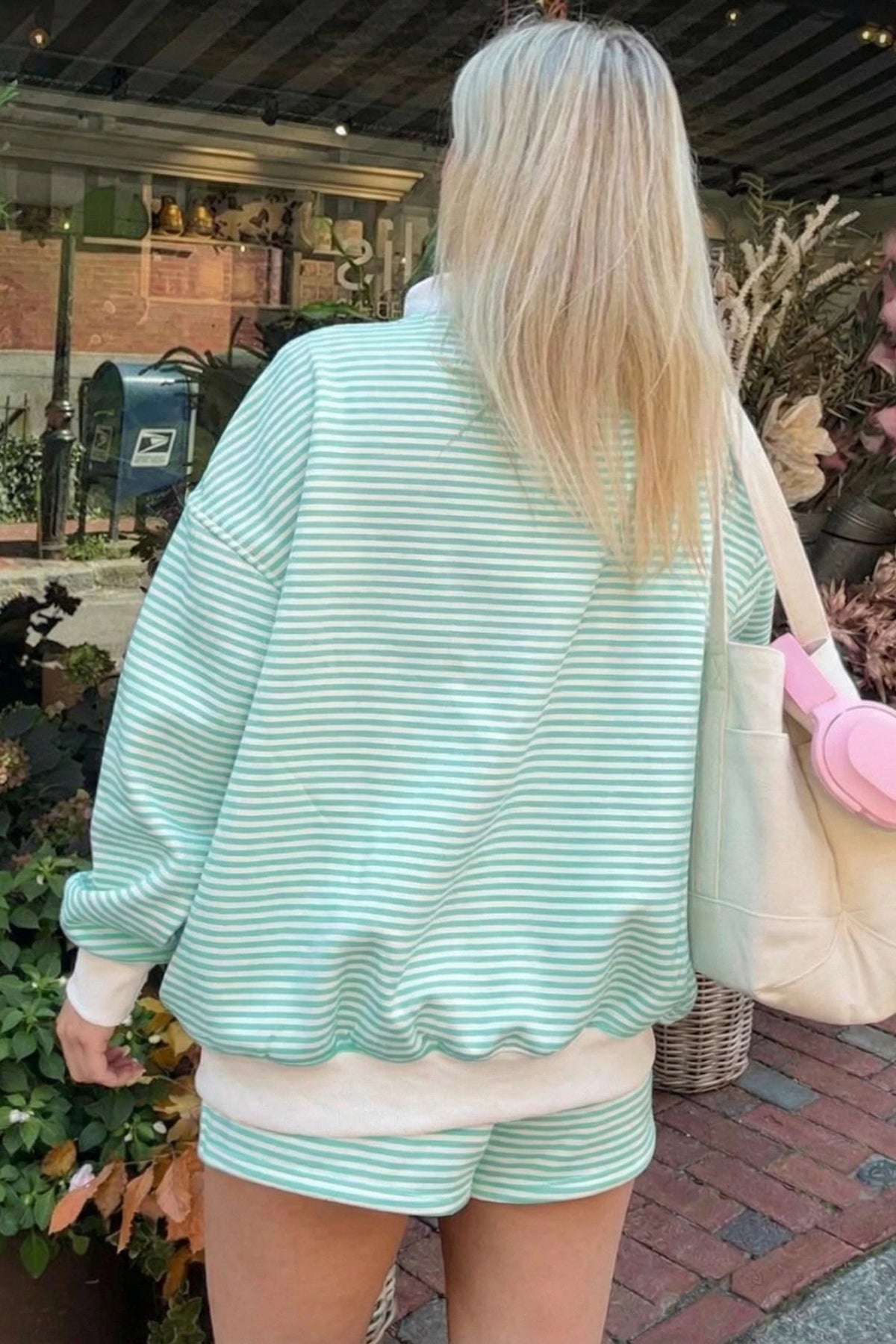 Stripe Oversized Mock Neck Sweatshirt & Shorts Set