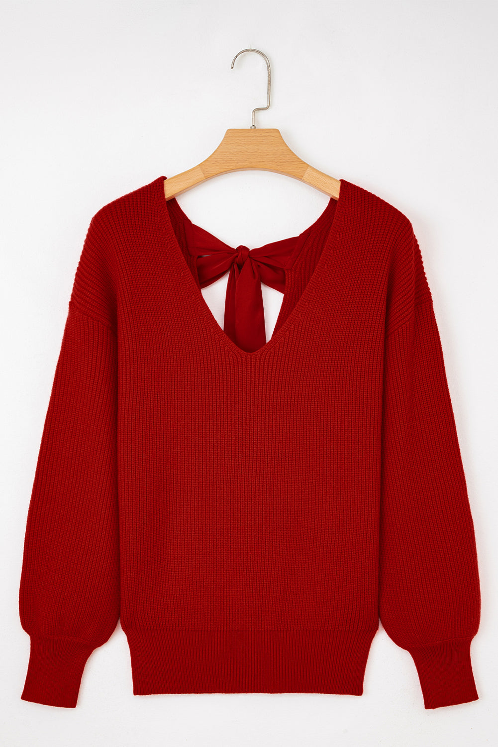 Bow Back Lantern Sleeve V-Neck Sweater