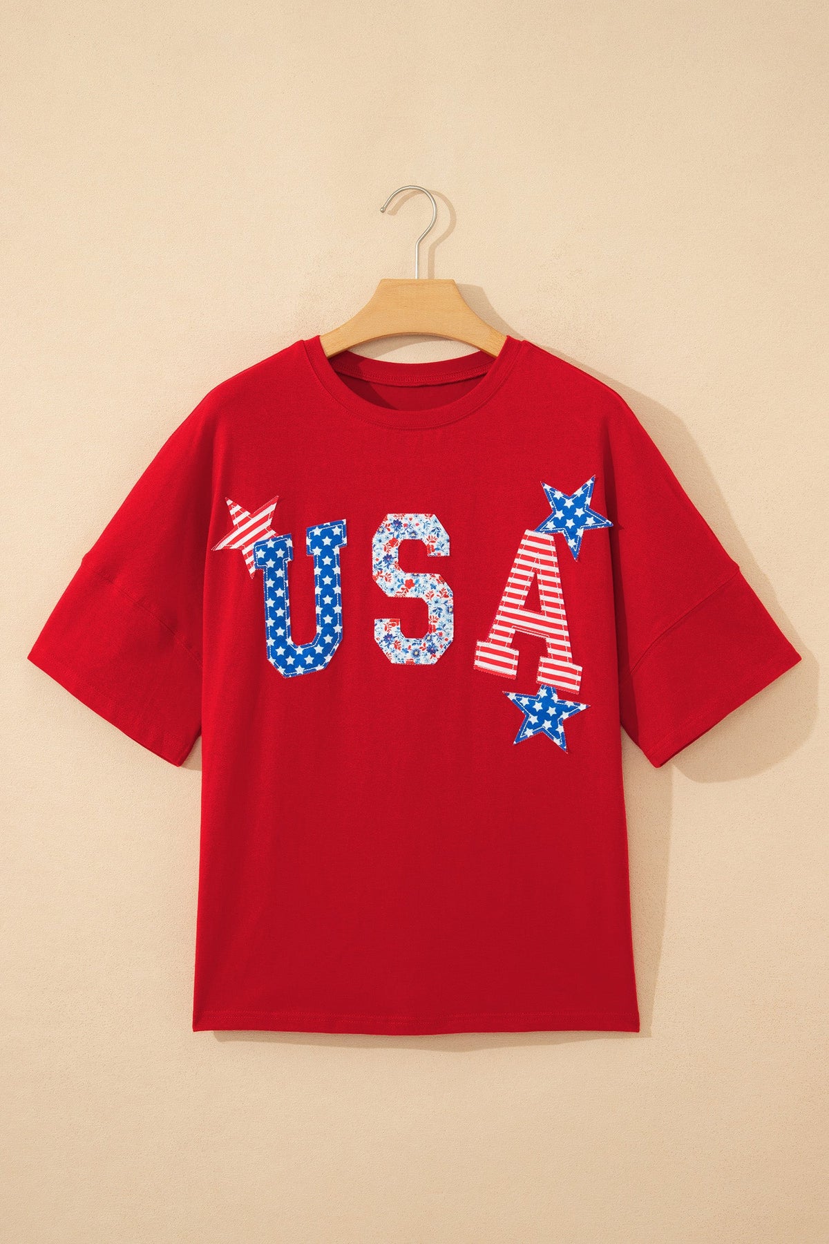 Patriotic USA Patch Embroidered Short Sleeve T-Shirt