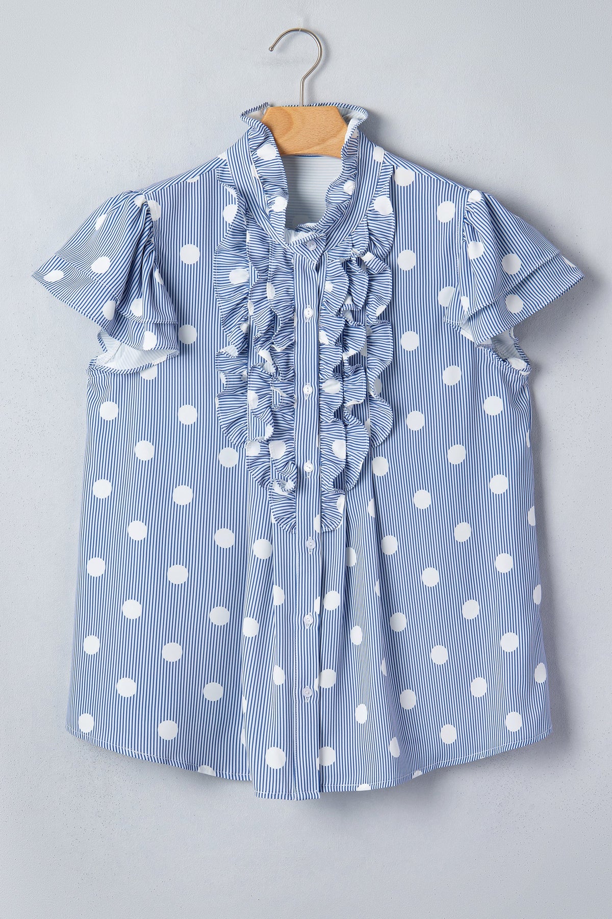 Stripe Contrast Polka Dot Pleated Ruffle Sleeve Shirt