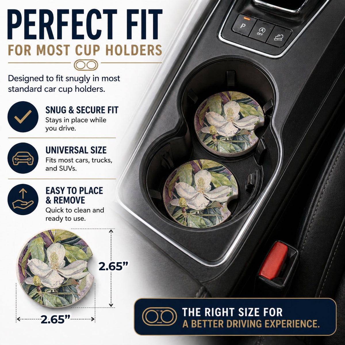 Flower - Magnolia Set of 2 Cup Holder Car Coasters Absorbent Round Sandstone Coasters Gifts for Men or Women, 2.5, Multicolor