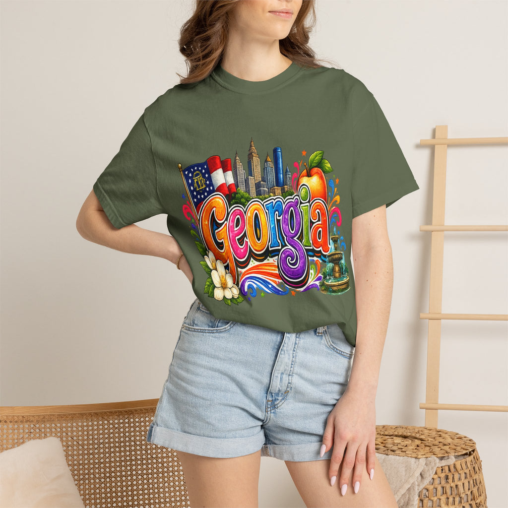 Georgia state illustration T-shirt | Atlanta skyline, peach, magnolia